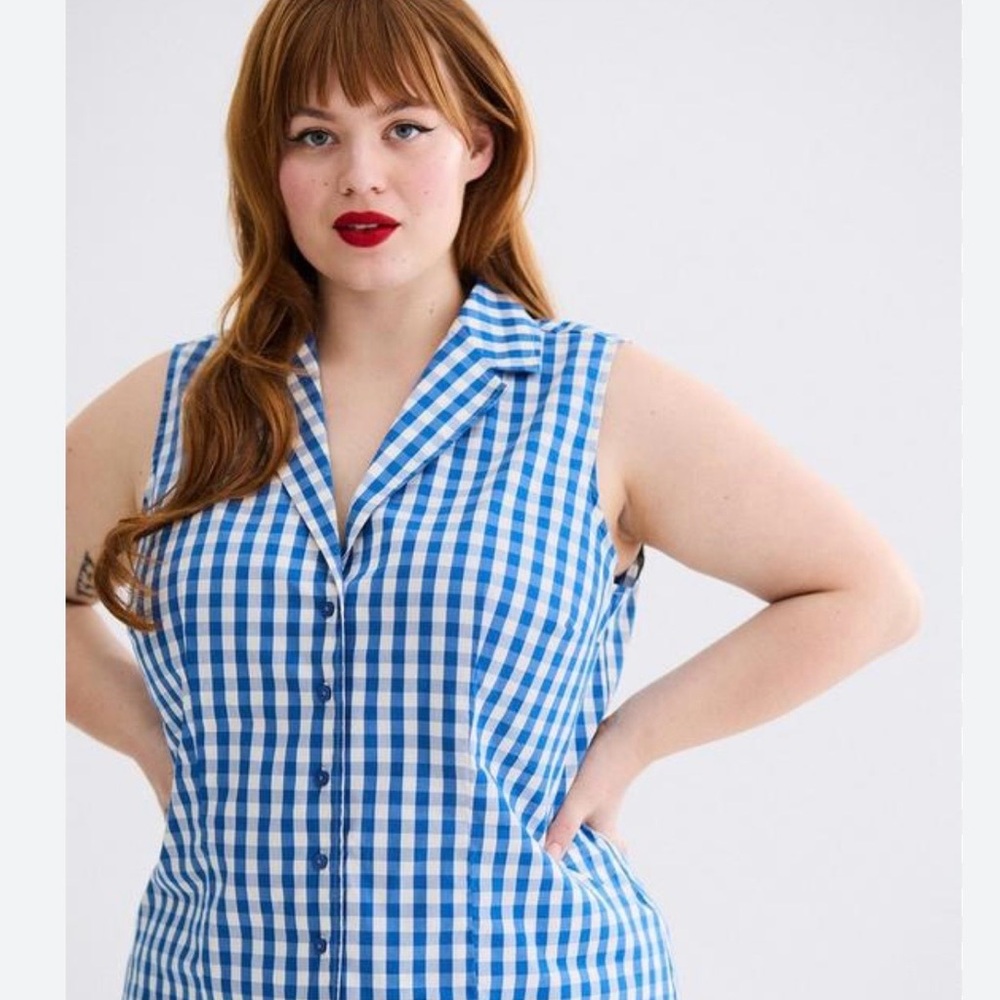 Retro Chic Blue & White Gingham Sleeveless Button-Up Top